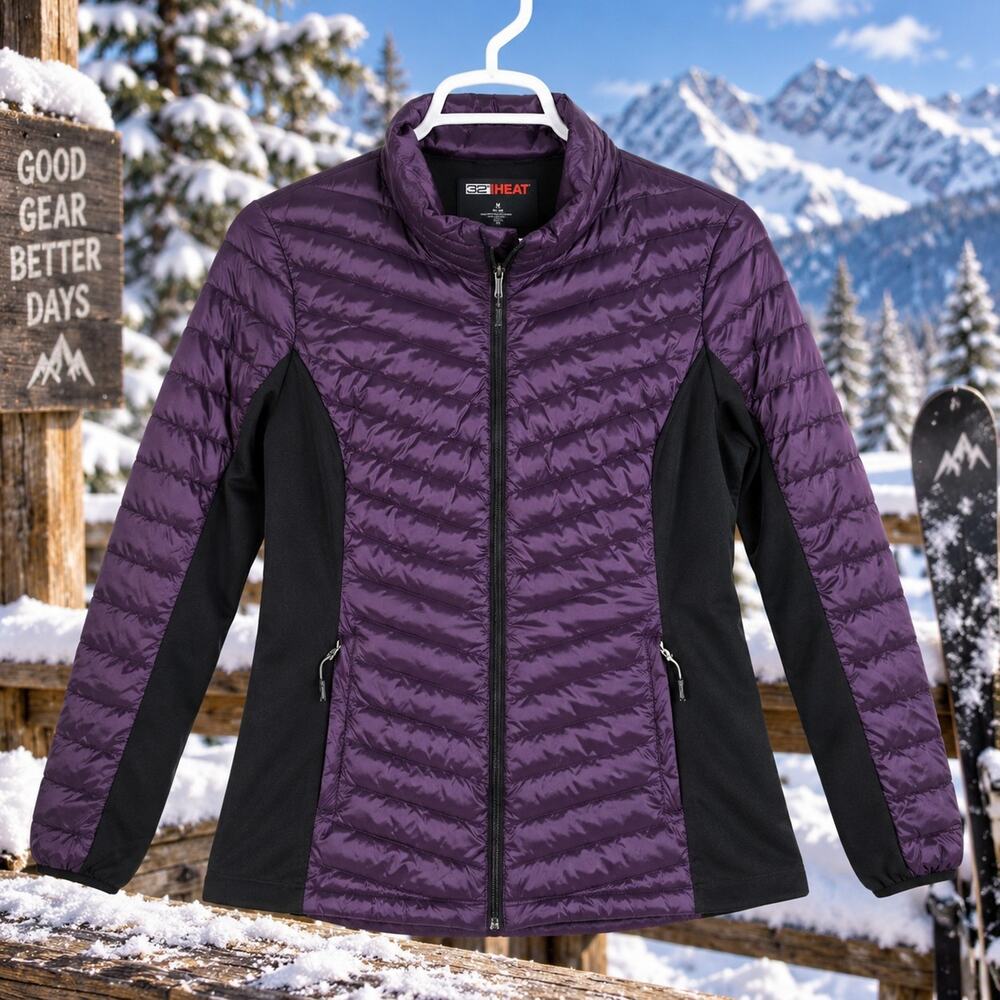 32 Degrees Heat Womens XL Puffer Jacket Purple Black Mixed Media Quilted Zip Up